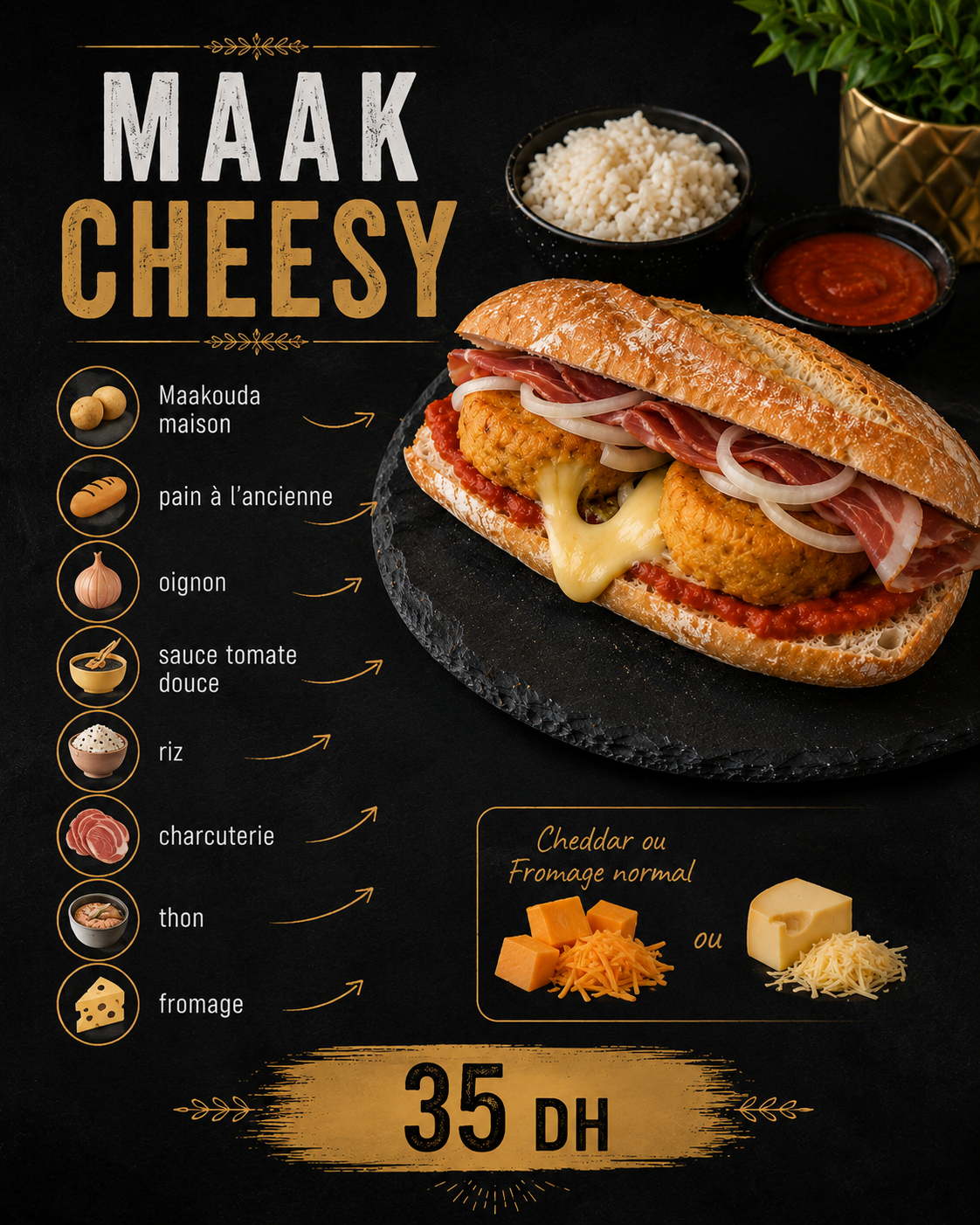 Maak Cheesy — Maakouda, pain à l'ancienne, oignon, sauce tomate, riz, charcuterie, thon, fromage (cheddar ou normal) — 35 DH