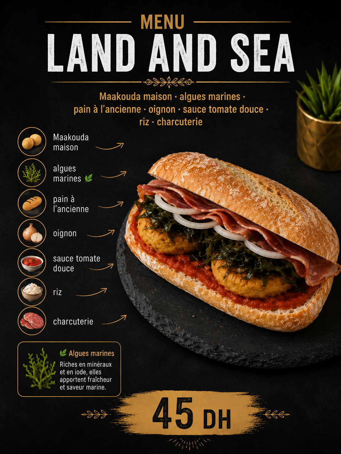 Land and Sea (épuisé) — Maakouda, algues marines, pain à l'ancienne, oignon, sauce tomate, riz, charcuterie — 45 DH